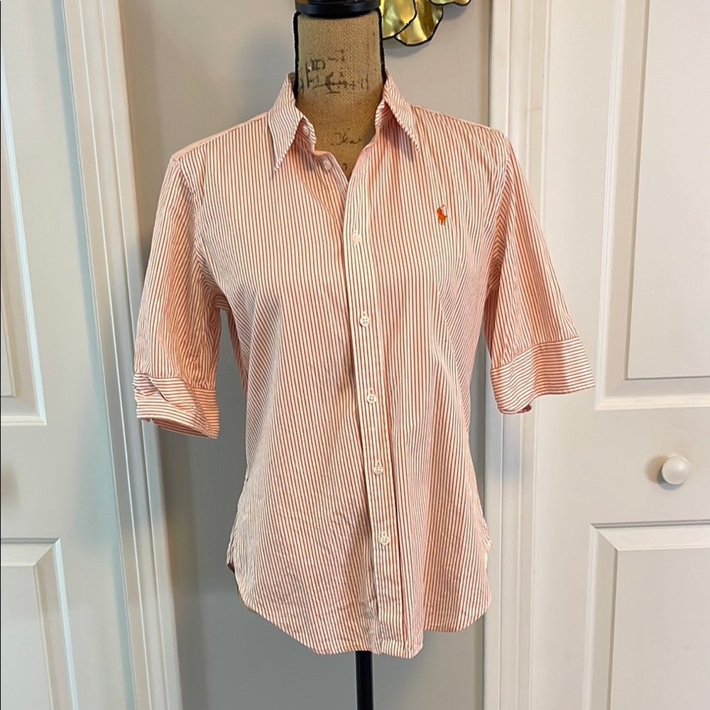 Ralph Lauren Orange Button Down Shirt with Short Sleeves and Classic Fit